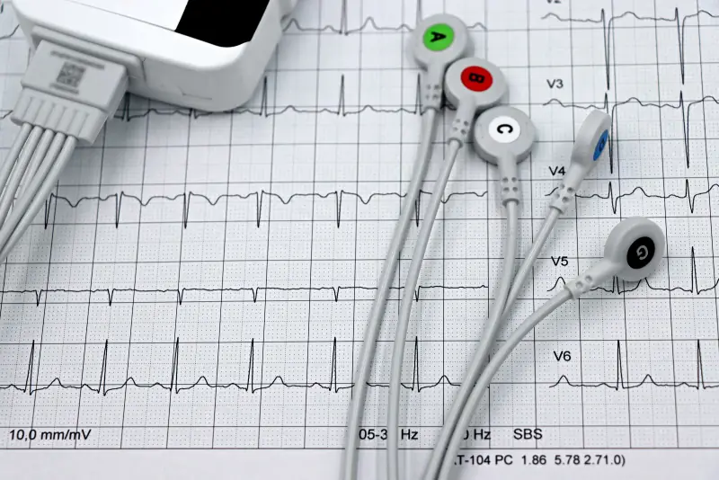 Electrodos de electrocardiograma sobre un trazo impreso