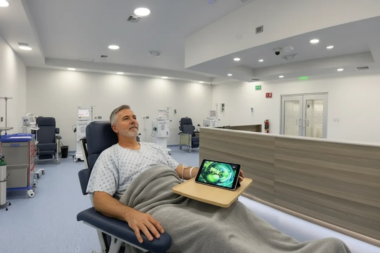Ilustración generada con IA: un paciente ficticio descansa con una tableta en un sillón de la sala de hemodiálisis de MegaMedica